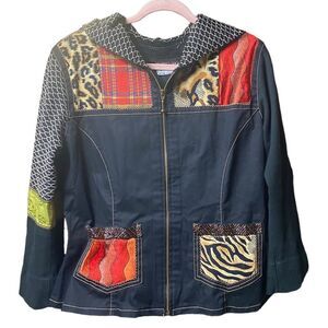 Surya Wms Sz Sm Black Animal Print Multi Color Patch Beaded Zip Up Hooded Jacket